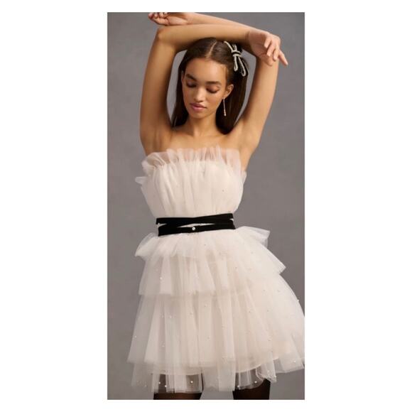 Maeve by Anthropologie White Tiered Strapless Tulle Dress Mini Dress Size 6
